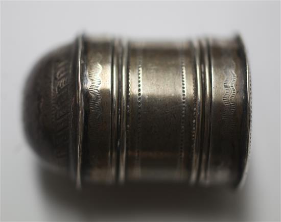 An early 19th century silver domed top nutmeg grater by Joseph Wilmore, an egg shaped nutmeg grater and a Chinese wite metal box,